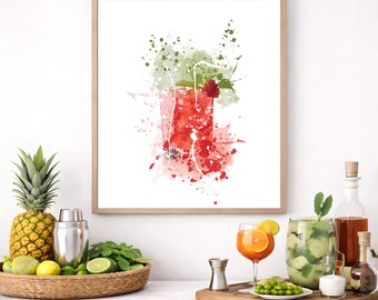 Raspberry Gin Watercolor Cocktail Print, Modern Bar Kitchen Art (Instant Download)
