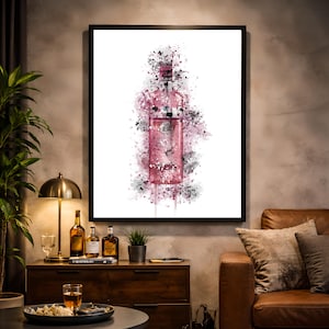 Aquarelprint roze jeneverfles, moderne barkunst (directe download)