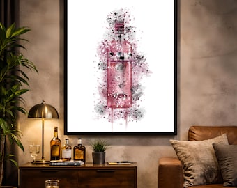 Pink Gin Bottle Watercolor Print, Modern Bar Art (Instant Download)