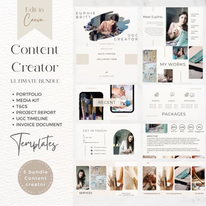 Könnte beinhalten: Eine digitale Marketingvorlage für einen Content Creator. Die Vorlage enthält Abschnitte für ein Portfolio, ein Medienkit, Geschäftsbedingungen, einen Projektbericht, eine UGC-Zeitleiste, ein Rechnungsdokument, aktuelle Arbeiten, Dienstleistungen und Kontaktinformationen. Die Vorlage ist im minimalistischen Stil mit einem beige-weißen Farbschema gestaltet.