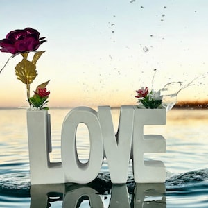 May include: White LOVE letters with a pink rose and white flowers in vases, floating on water with a water splash in the background.