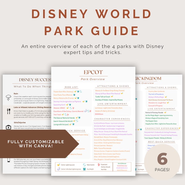 Customizable WDW Park Guide, Canva Template, PDF Download, Theme Park Overview, Tips and Tricks