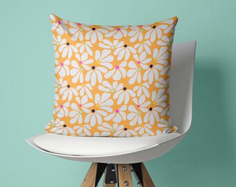 Orange Floral Pillow Cover, White and Orange Pillow, Flower Power Pillowcases, Retro throw Pillow Covers, Groovy Pillow Cover, Flower Pillow