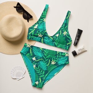 Tropical Bikini, Green bathing suit, Women&#39;s Two piece swimsuit, High Waisted Bikini, Tropical Swimwear, Vacation Bikini, Womens Resort Wear