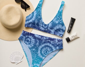 Blue tie dye swimsuit: y2k bikini, ombre swimwear, high waisted two piece, beachwear, ravewear, festival wear