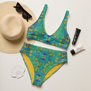 Green Bikini, Womens Bathing suit, Womens Two piece swimsuit, High Waisted Bikini, Psychedelic Swimsuit, Vacation Bikini, Womens Resort Wear