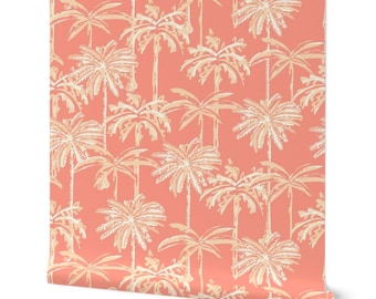 Pink tropical palm tree wallpaper: palm beach inspired bedroom, coastal wall decor, removable peel and stick