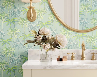 Palm tree wallpaper in aqua green: tropical peel and stick, retro coastal home decor, beach house interior design, easy install diy