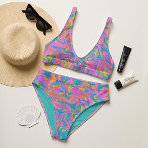 80s Bikini, Psychedelic Swimwear, Neon Bathing Suit, Hot pink bikini, Rave Bikini, Funky Bathing Suit, Trippy Bikini, teal swimsuit