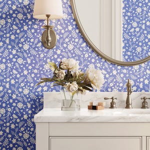 Blue and White floral wallpaper, French Country Wallpaper, Cottagecore peel stick wallpaper, Folk Art Wallpaper Blue, Floral Blue Wallpaper