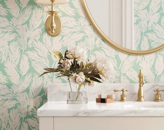 Retro palm tree wallpaper: tropical botanical bathroom, coastal beach house decor, mint green peel stick