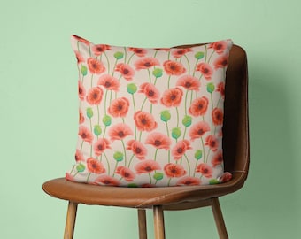 Poppy Floral Throw Pillow Cover, Coral Pink Flower Design, English Cottage style, Seasonal Spring Decor, Washable pillowcase, Cover Only