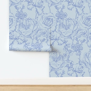 Blue Floral Wallpaper Peel and Stick, Victorian Floral Wallpaper, toile de jouy wallpaper, Blue cottage Wallpaper, Coquette Wallpaper