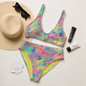 80s bikini, neon swimsuit, Rainbow Bikini, Colorful Bikini, Funky Swimwear, Women&#39;s Bikini Set, High Waisted Swimsuit, beach bikini