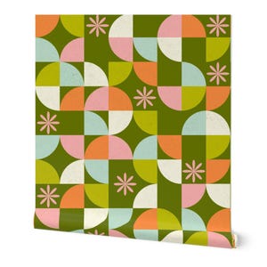 Retro green wallpaper, Mid century modern wallpaper, Funky wallpaper peel and stick, 70&#39;s wallpaper, Geometric wallpaper peel and stick