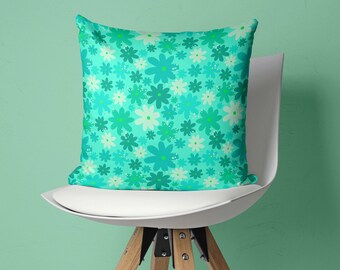 Flower Pillow Cover, Aqua Pillow Cover, Retro Pillow Cover, Green Throw Pillow, Flower Power decor, Hippie Throw Pillows, 70's throw pillow