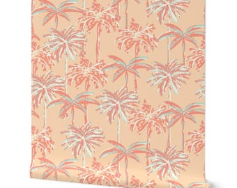 Art deco botanical peel and stick wallpaper: tropical bathroom, pink palm tree wall paper, retro coastal decor, palm beach aesthetic