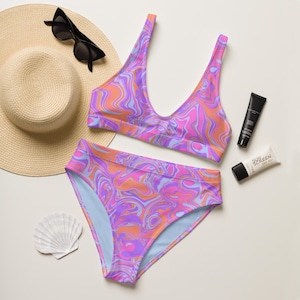 Purple Bikini Set, Psychedelic Swimwear, Y2k Bikini, Rave Bikini, Funky Bathing Suit, Retro Bikini, Trippy Bikini Top, Womens Swimwear