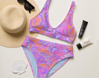Purple psychedelic swimwear: Y2k bikini set, sporty high waisted swimsuit, Funky colorful bathing suit, ravewear, marbled design