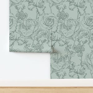 Sage Green Floral Wallpaper, Toile De Jouy Wallpaper, Victorian Floral Wallpaper, Green Wallpaper Floral, Cottage Peel and Stick Wallpaper