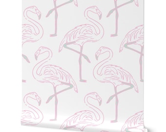 Pink flamingo wallpaper: girly pink bedroom, coastal bathroom decor for walls, retro peel and stick, beach house decor
