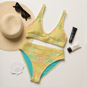 Yellow Bikini, Pastel Bathing suit, Womens Two piece swimsuit, High Waisted Bikini, Psychedelic Swimwear, Beach Bikini, Womens Resort Wear