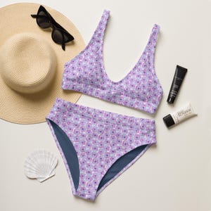 Floral bikini set, Purple Swimsuit Women, Women&#39;s Two Piece Swimsuit, Retro Bikini, Womens Bikini Set, High Waisted Swimsuit, Flower bikini