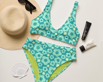 NEON FLOWER BIKINI- Pink & Green 1960s Beach Party Retro Swimsuit