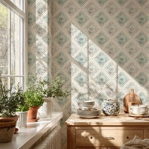 May include: A kitchen scene featuring a window with sunlight, potted herbs, and a wooden cabinet. The wallpaper has a repeating diamond pattern in shades of blue and cream. Dishes and a cutting board are on the cabinet.