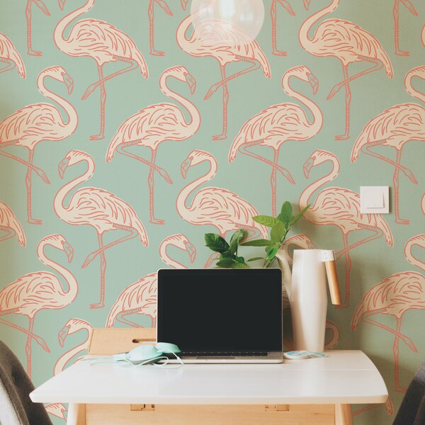 Flamingo wallpaper peel and stick: retro tropical home decor, Floridian inspired interiors,  funky bird bathroom decor