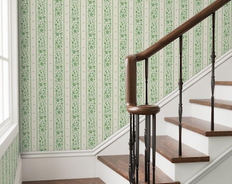 Floral Striped Wallpaper, Farmhouse vintage wallpaper, Green floral wallpaper, Striped Wallpaper rent friendly, Country Farmhouse Bedroom