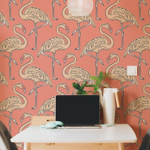 Pink Flamingo Wall Paper, Coastal Wallpaper Birds, flamingo wallpaper peel and stick, retro tropical wallpaper, beachy wallpapers for girls