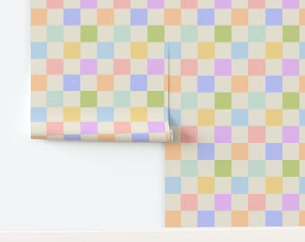Rainbow checkerboard wallpaper: colorful peel and stick, funky girl room decor, maximalist wall decor, 80s post modernism