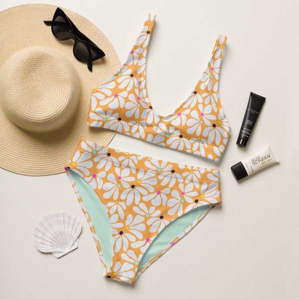 Ensemble bikini orange, maillot de bain floral, bikini de vacances, maillot de bain deux pièces pour femme, bikini taille haute, bikini bohème, maillot de bain rétro femme