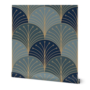 May include: A roll of wallpaper featuring a repeating Art Deco fan pattern. The design uses shades of blue and gold. The fan shapes are layered, creating depth. The wallpaper is rolled up, showing the pattern's edge.