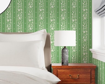 Green floral wallpaper, Farmhouse vintage wallpaper, Striped Wallpaper rent friendly, Country Farmhouse Bedroom, Floral Striped Wallpaper