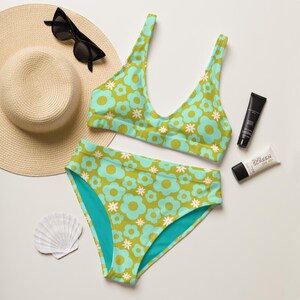 Green swimsuit, Hippie Bikini, Flower Bikini Set, Retro Swimwear, Two Piece Swimsuit, High Waist Bikini, floral swimwear, 1960s bikini