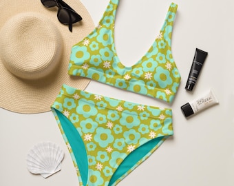 NEON FLOWER BIKINI- Pink & Green 1960s Beach Party Retro Swimsuit