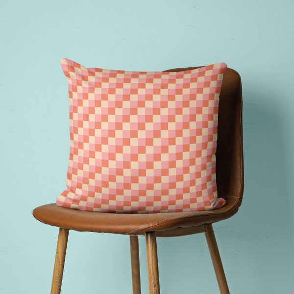 Checkered Throw Pillow Cover, Pink and Orange Throw Pillow Cover, Retro Pillow Covers, Checkerboard Throw Pillow, Geometric Pillow Cover