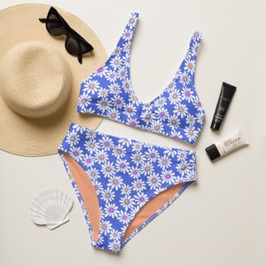 Daisy Bikini, Women&#39;s Two Piece Swimsuit, Retro Bikini, Womens Bikini Set, Blue bathing suit, High Waisted Swimsuit, Floral Bikini Set