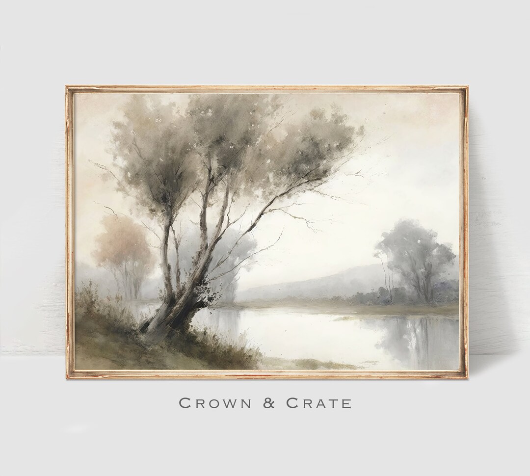 Riverside Embrace Soft Green Watercolor Riverside & Tree Painting Muted ...