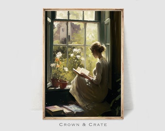 Woman Reading Portrait - Wall Art - Oil Painting - Vintage Style Décor - Digital Download - Printable - Neutral Tones | #0029
