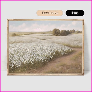 Spring Meadow Print - White Flowers Field - Vintage Style Décor - Landscape Painting - Farmhouse - Digital Download PRINTABLE Art | #0001