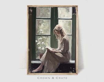 Woman Reading in Nook Painting - Farmhouse Cottage Core Wall Art Décor - Portrait Print for Digital Download - Neutral Tones | #0077