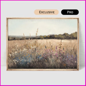 Wildflower Field Landscape Oil Painting - Wall Art Print - Country Farmhouse Decor in Neutral Tones Digital Download | #170