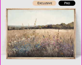 Wildflower Field Landscape Oil Painting - Wall Art Print - Country Farmhouse Decor in Neutral Tones Digital Download | #170