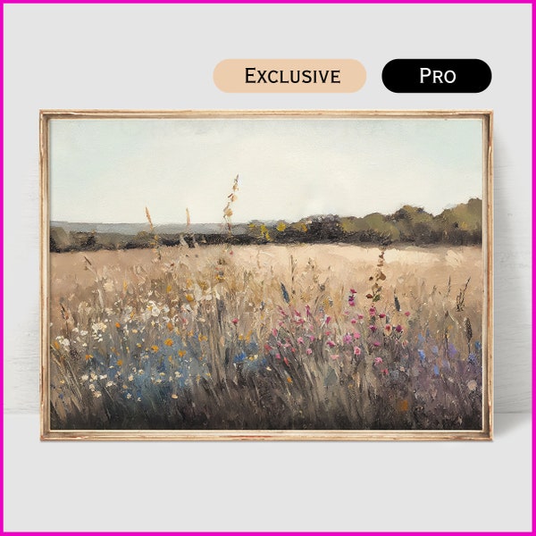 Wildflower Field Landscape Oil Painting - Wall Art Print - Country Farmhouse Decor in Neutral Tones Digital Download | #170