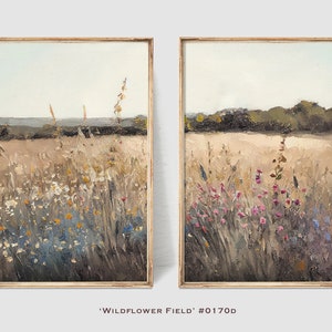 Wildflower Field Oil Painting Diptych - Wall Art Print - Country Farmhouse Decor in Neutral Tones Digital Download | #0170D