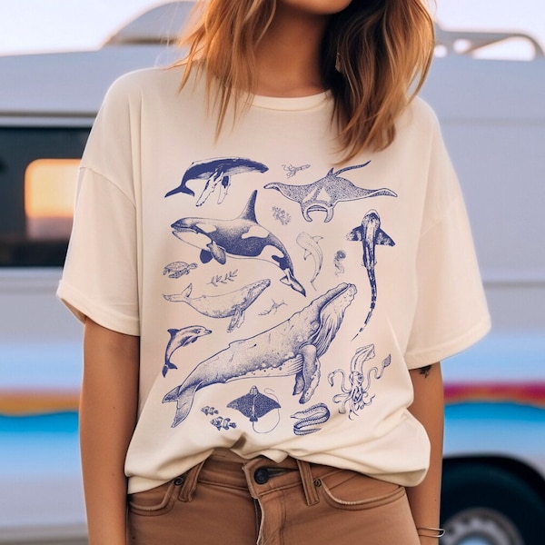 Vintage 90s Tattoo Sea Animal Tshirt | Gift For Nature, Sealife, Ocean, Whale, Conservation Lover | Humpback/Orca/Turtle/Dolphin Oversized T