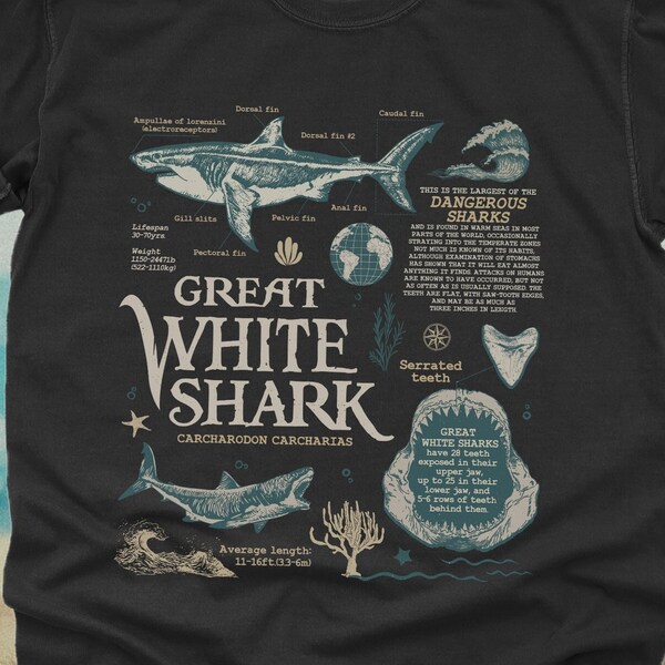 Vintage Great White Shark TShirt | Retro 90s Y2K Oceancore Aesthetic, Gift For Marine/Wildlife Biologist, Cute Baggy Boho Summer Beach Shirt